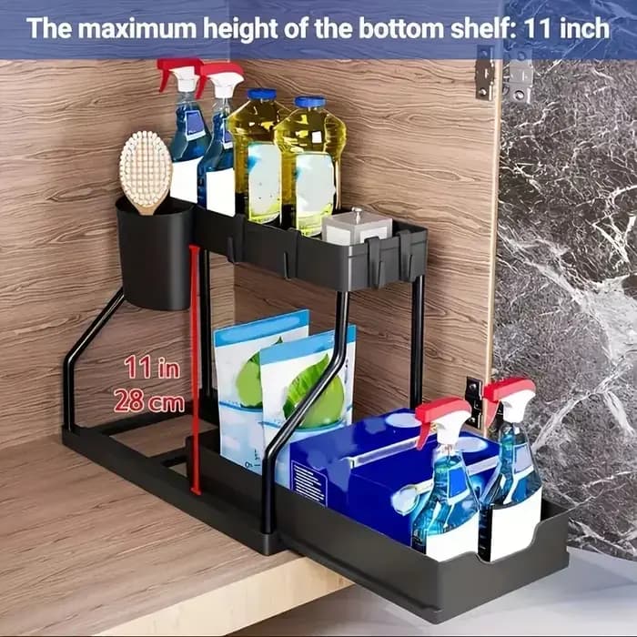 Organisateur sous évier 2 niveaux peu encombrant, boîte de rangement coulissante durable grande capa