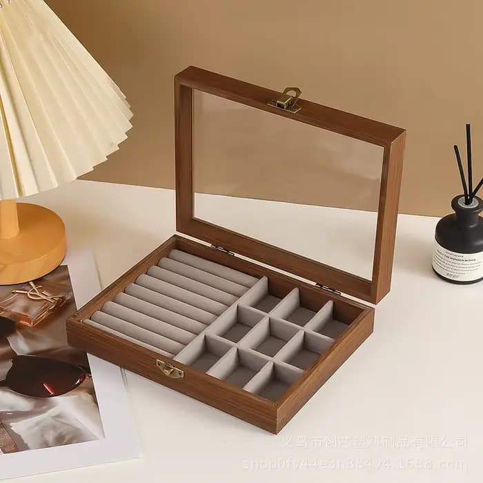 Boîte à bijoux en bois avec couvercle en verre, boîte de rangement vintage pour bagues, boucles d'or