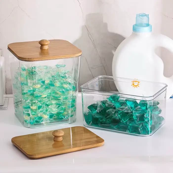 Boîte de rangement de poudre à lessive avec couvercle en bambou