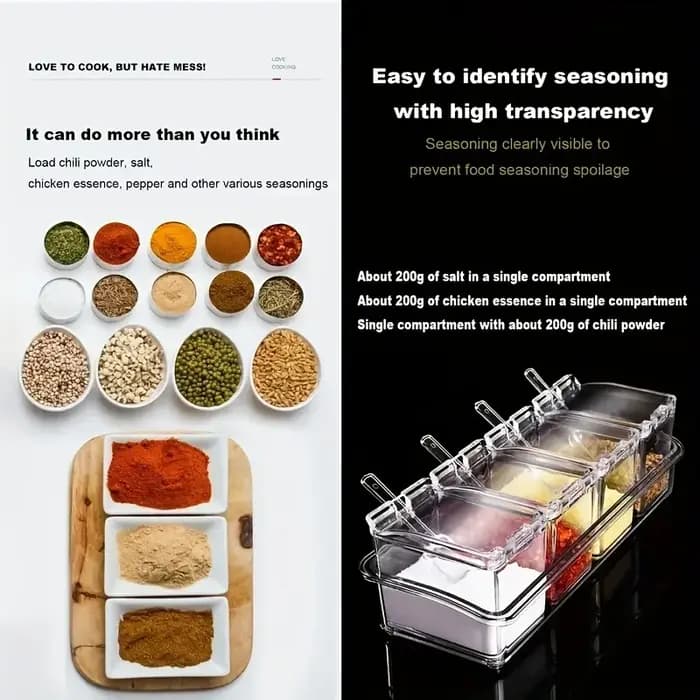 Boîte d'assaisonnement transparente à quatre compartiments avec couvercle de cuillère et Base de rangement