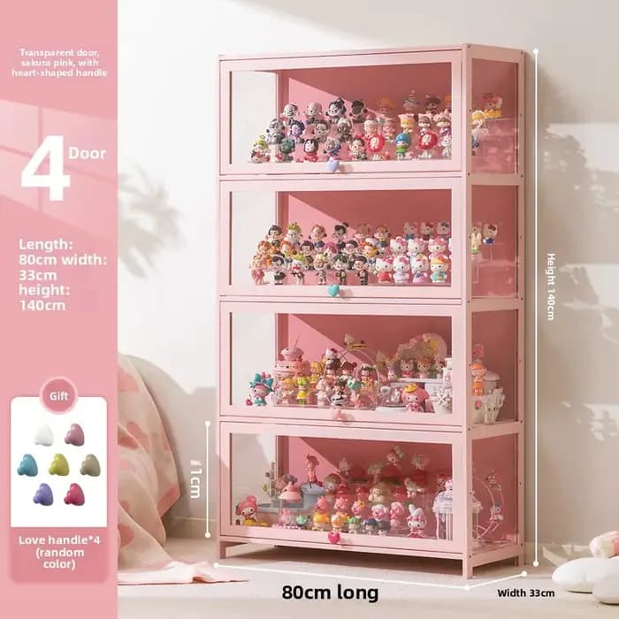Vitrine de présentation multifonctionnelle en verre rose, anti-poussière, pour figurines et objets de collection