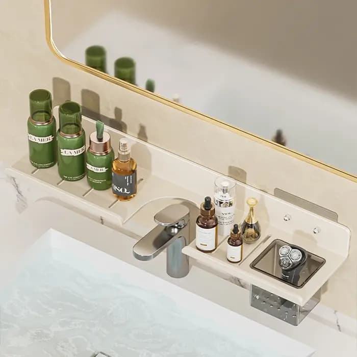 Étagère murale avec miroir et porte-gobelets, sans perçage, en aluminium, pour salle de bain et cuis