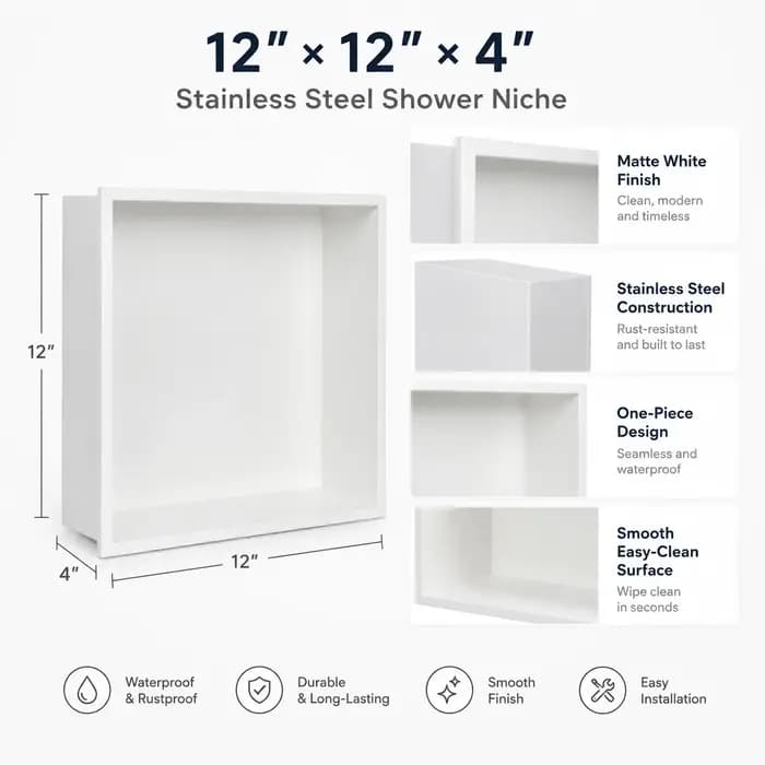 Niche de douche en acier inoxydable blanc mat 12 x 12 x 4 pouces