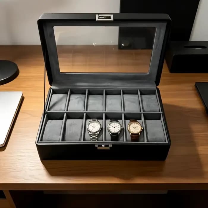 Boîte à montres en cuir de luxe à 12 emplacements avec serrure