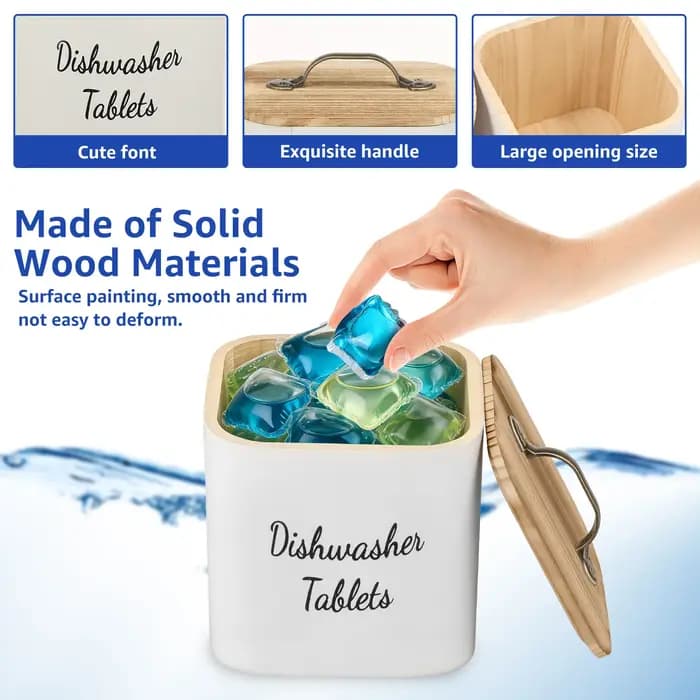 Boîte de rangement en bois pour capsules de lessive avec couvercle