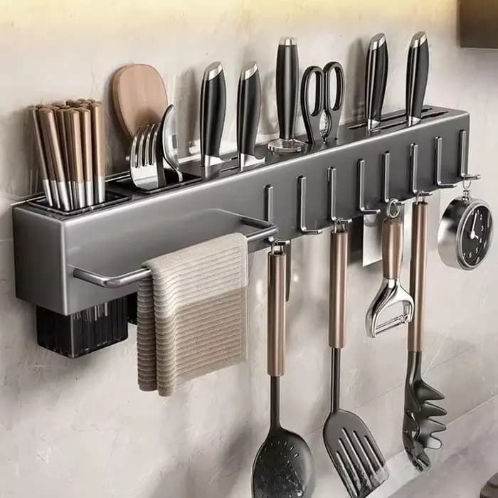 Support de rangement mural multifonctionnel en acier inoxydable pour ustensiles de cuisine