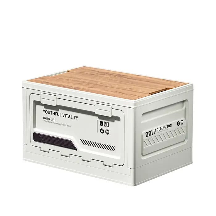 Boîte de rangement pliable imperméable de grande capacité avec couvercle en bois et plastique pour le camping en extérieur
