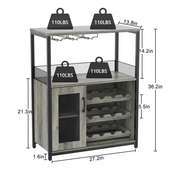 Buffet industriel avec grand espace de rangement, étagère amovible avec porte en verre et porte en maille