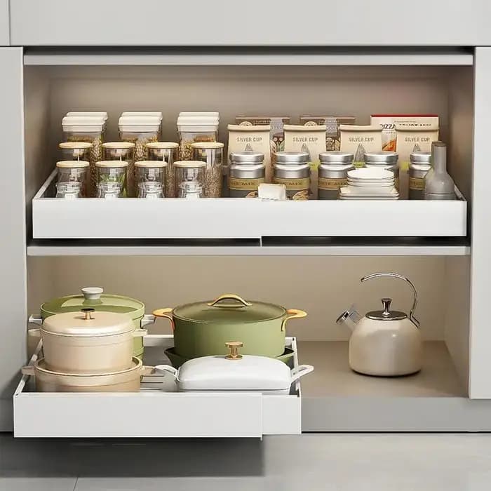 Organiseur de placard coulissant pour armoires de cuisine avec tiroirs, étagères de garde-manger au lieu de les avoir partout sur le comptoir