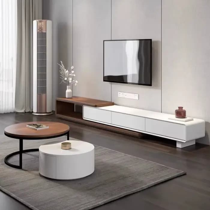 Meuble TV vertical rétractable avec vitrine et tiroirs