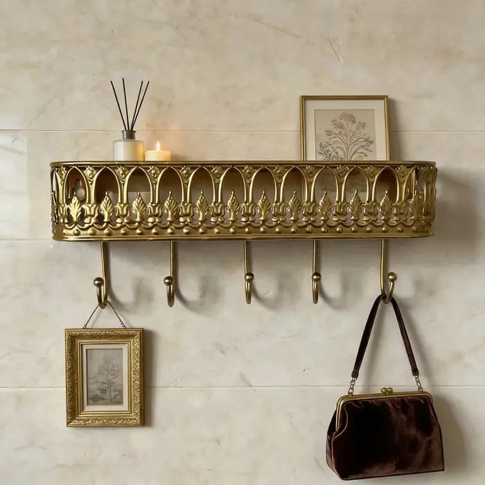 Étagère murale vintage en métal avec 5 crochets