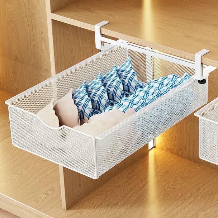 Étagère de rangement suspendue à plusieurs niveaux avec panier coulissant en grille métallique