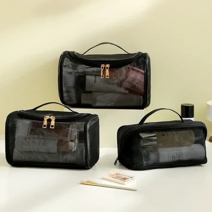 Trousse de toilette, rangement de voyage, pochette à cosmétiques, fourre-tout en maille, trousse de