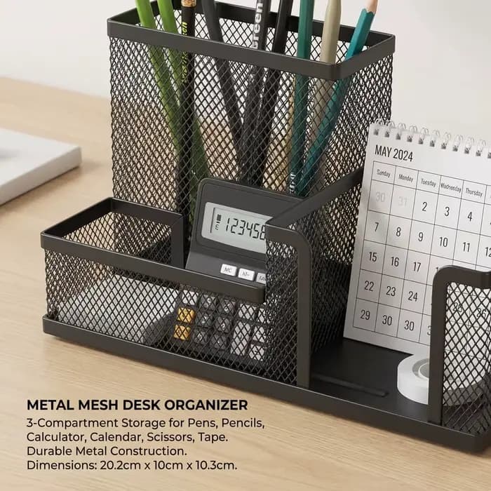 Organisateur de bureau en maille noire avec porte-crayons et paniers de rangement