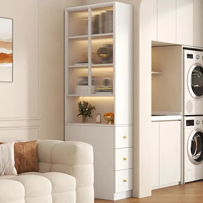 Tiroirs armoires de salon blanches noir luxe avec portes vitrine