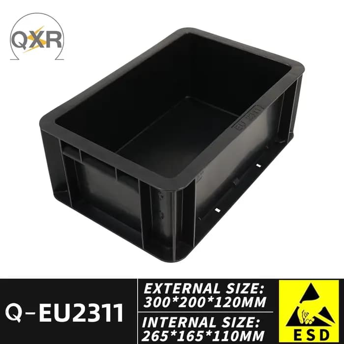 Q-EU2311 Boîte ESD 300*200*120mm Les boîtes de retournement conducteures noires sont empilables et transportables