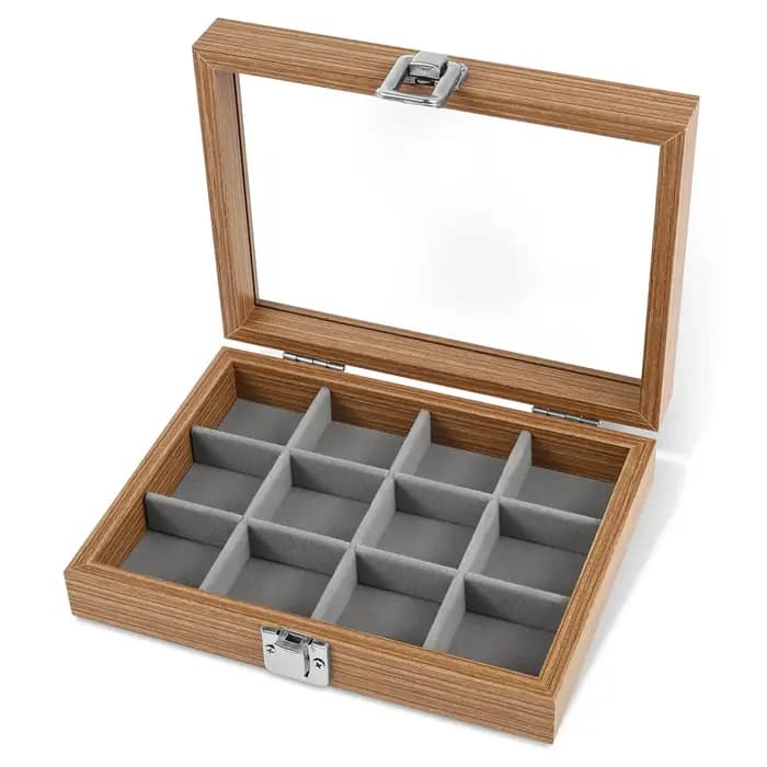 Boîte carrée transparente en bois à 12 compartiments pour collection de roches