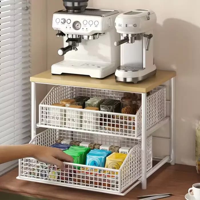 1 support de rangement pour comptoir de cuisine peu encombrant avec tiroirs et paniers métalliques