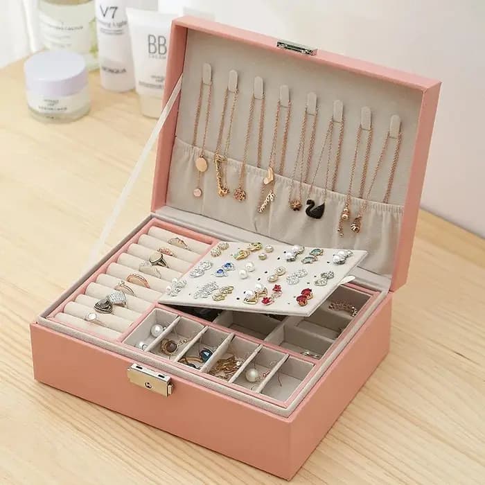 Boîte à bijoux Double couche, boîte à bagues, boîtes à bijoux avec serrures, organisateur de rangement de bijoux en cuir PU et étui de maquillage