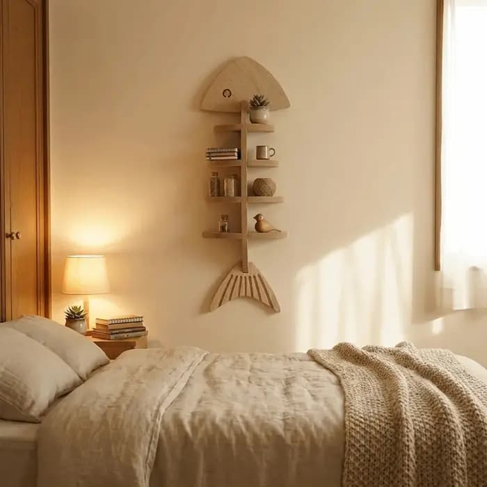 Étagère murale vintage en bois en forme de poisson