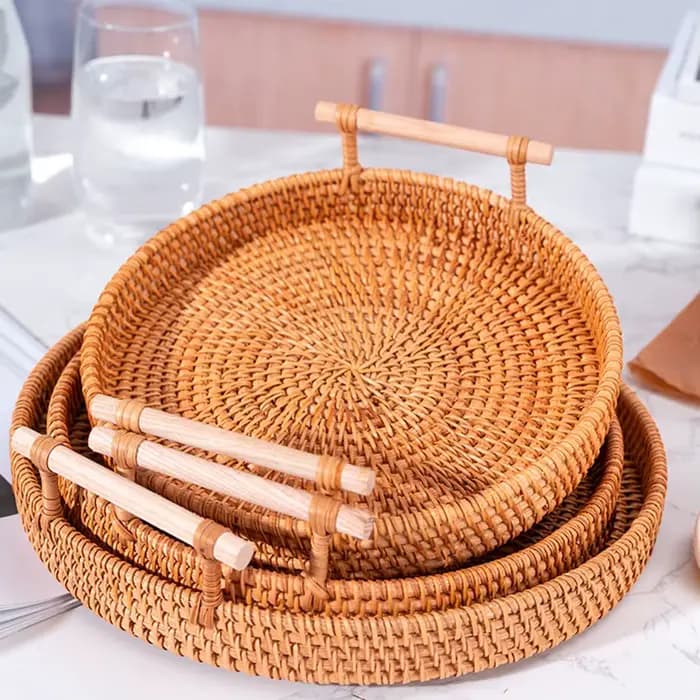 Plateau en rotin tissé à la main et panier de conservation des aliments | Organisateur de cuisine écologique avec