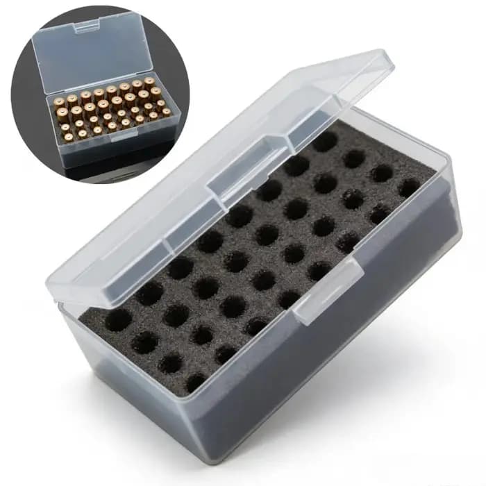Boîte de rangement pour piles à 32 compartiments avec dispositif de sécurité, doublure en plastique