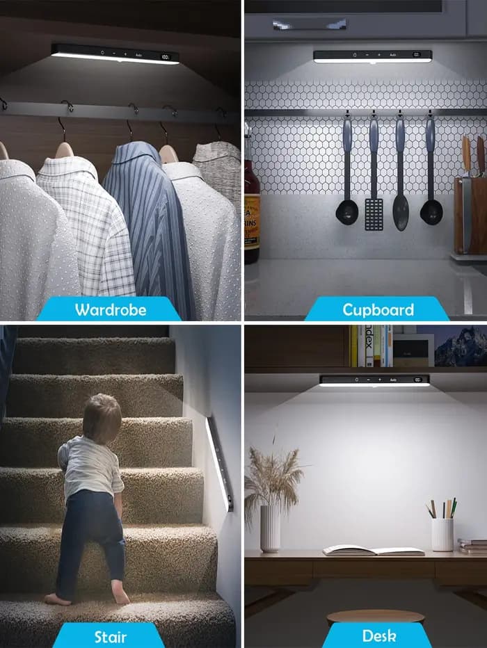 Lumières d'armoire WILLED, affichage de batterie Rechargeable, 60 LED, capteur de mouvement, lumière d'armoire, veilleuse à commande tactile à intensité variable