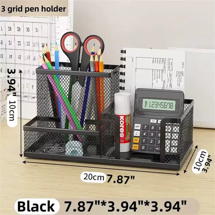 Organisateur de bureau en maille noire – Rangement à 3 niveaux avec porte-crayons et paniers