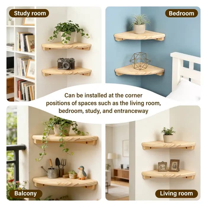 Étagère d'angle murale en bois festonné (2/4 pièces) avec vis