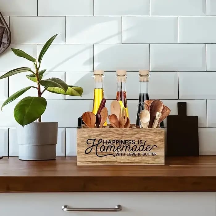 Organisateur d'ustensiles de cuisine en bois classique de haute qualité - Boîte de rangement portable avec design
