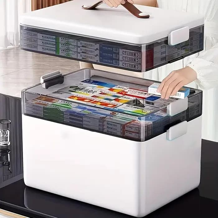 Boîte de rangement de médicaments multi-couches - Organisateur d'urgence familial portable avec fermeture à pression