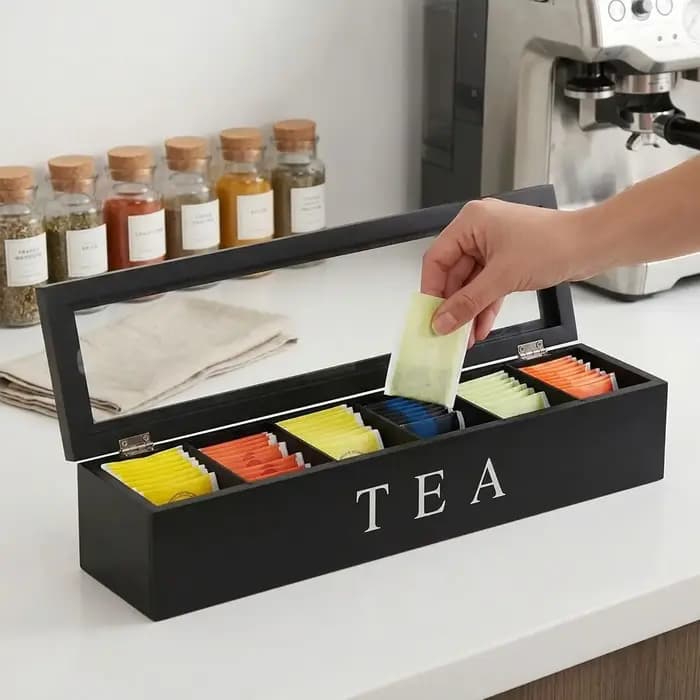 Boîte de rangement en bois pour sachets de thé avec fenêtre transparente