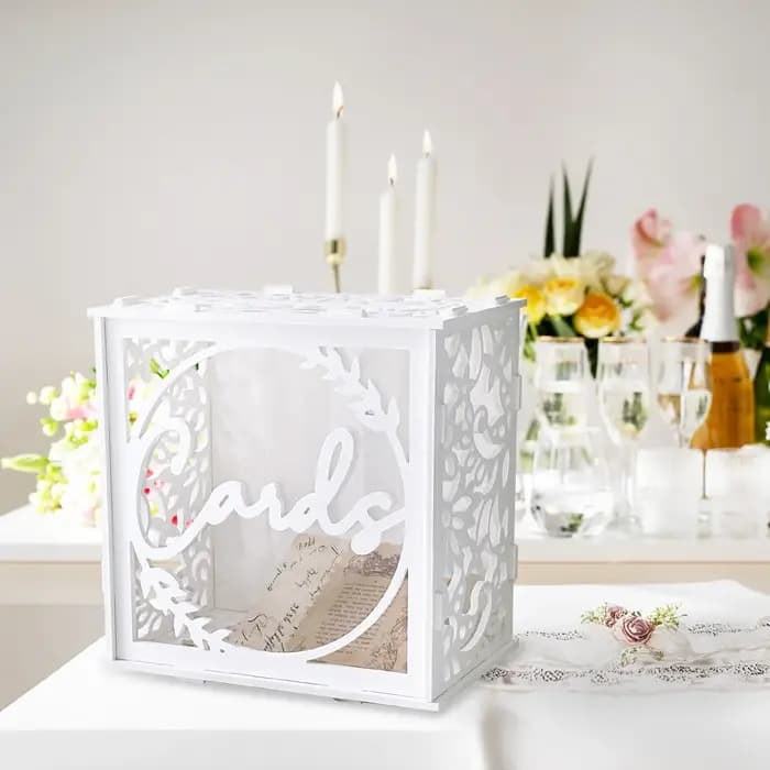 Boîte à cartes de mariage blanche pour réceptions, boîte à cartes cadeaux en PVC pour mariage avec fenêtres en acrylique, boîte à enveloppes rustique pour cadeaux en argent
