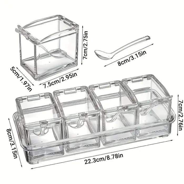 Boîte d'assaisonnement transparente à quatre compartiments avec couvercle de cuillère et Base de rangement