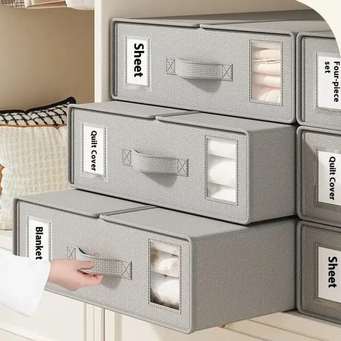 Boîte de rangement pour draps en tissu avec fermeture éclair et fenêtre pliable pour couvertures