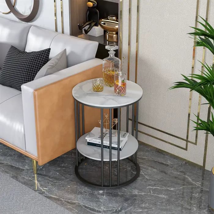 Table d'appoint ronde en pierre frittée à 2 niveaux, côté canapé blanc, petite table basse avec cadr