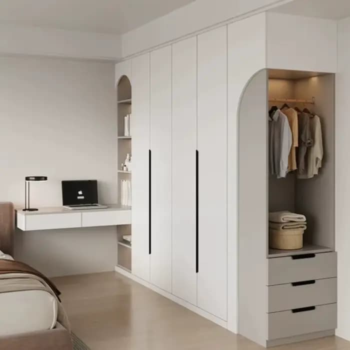Armoire îlot gain de place avec bibliothèque et bureau intégré pour chambre à coucher
