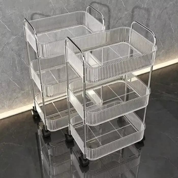 Étagère de rangement transparente à plusieurs niveaux avec roulettes