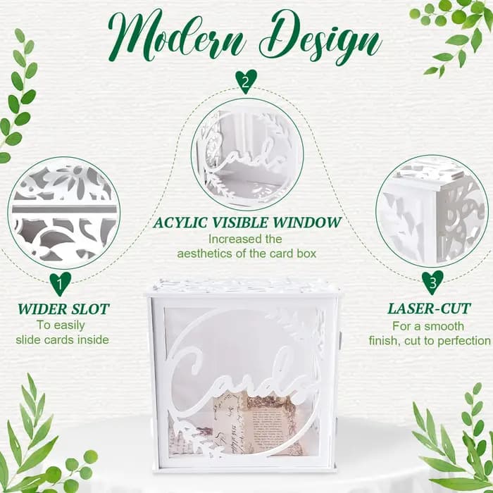 Boîte à cartes de mariage blanche pour réceptions, boîte à cartes cadeaux en PVC pour mariage avec fenêtres en acrylique, boîte à enveloppes rustique pour cadeaux en argent