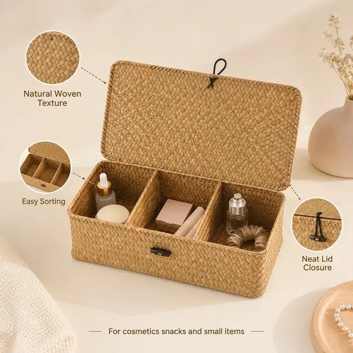 Panier de rangement en osier brun tressé avec couvercle