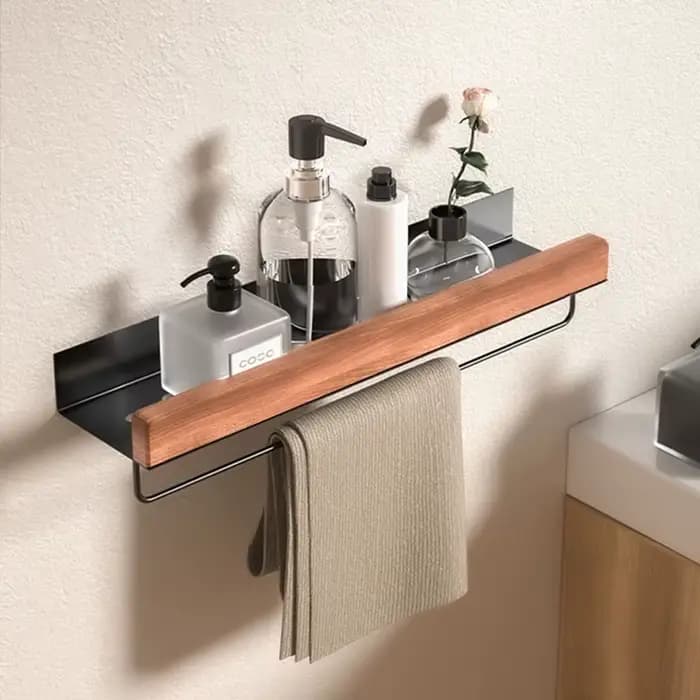 Étagère de salle de bain en bois et aluminium