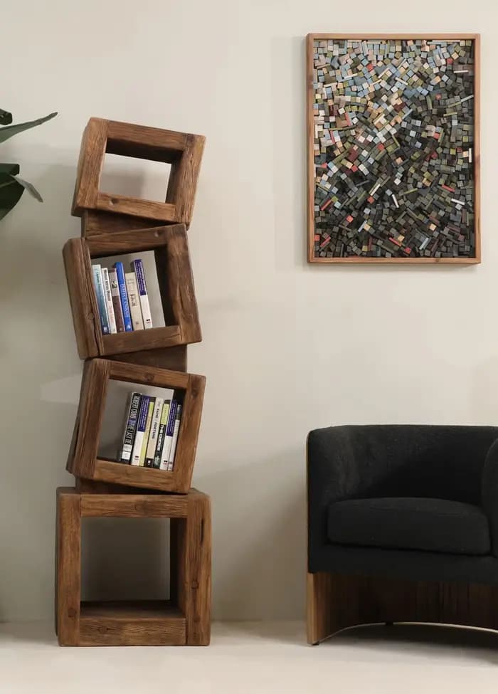 Étagère en bois massif, chêne recyclé 175x50x40 cm, présentoir géométrique, étagère de rangement à niveaux, bibliothèque industrielle en forme d'échelle