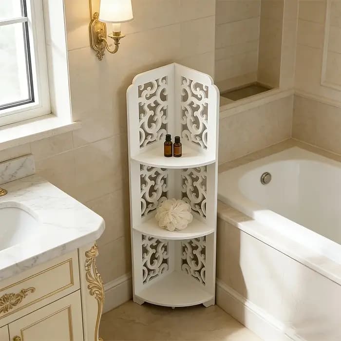 Étagère d'angle triangulaire autoportante en PVC blanc sculpté de style européen à 3 niveaux