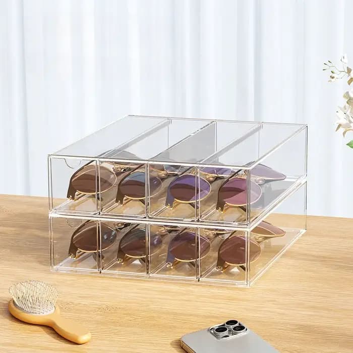 Boîte de rangement pour lunettes en acrylique - Design transparent à quatre niveaux - pour bureau, chambre à coucher, salle de bain - Support organisateur pour lunettes de soleil