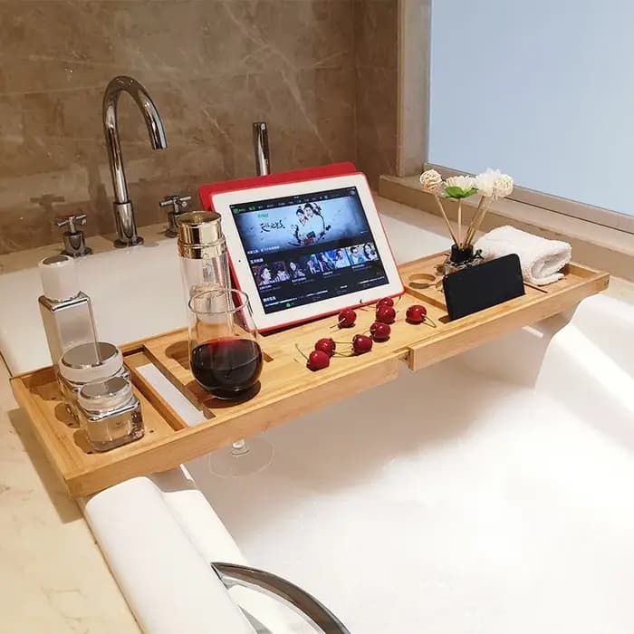 Étagère de bain en bambou - Étagère de rangement télescopique et réglable en bois pour salle de bain