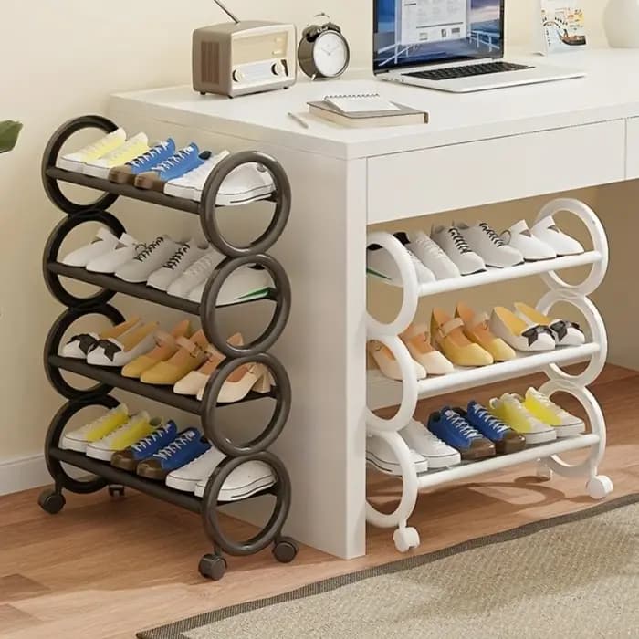 Étagère à chaussures rotative à 3/4 niveaux avec 360 ° Roues pivotantes et poignée annulaire mignonne – Organisateur