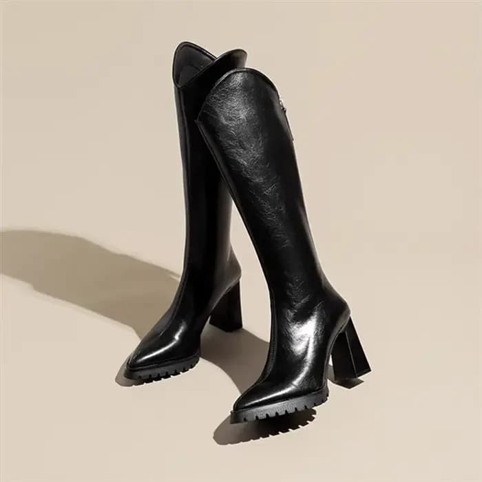 Bottes longues élégantes à talons hauts en cuir marron pour femmes, chaussures à tige au genou, bout
