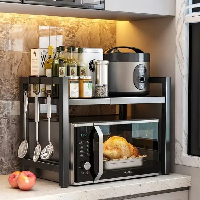 Étagère extensible pour micro-ondes avec 6 crochets - Support de rangement de cuisine réglable de 40 à 64 cm