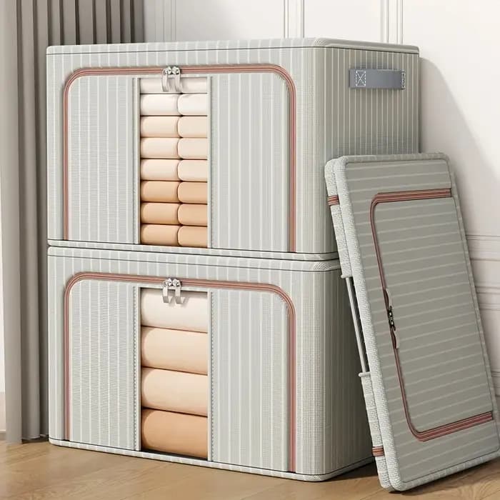 Organisateur de garde-robe rayé Oxford – Boîte de rangement pour maison/vêtements avec poignée et fenêtre