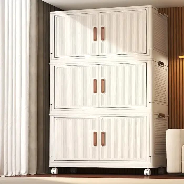 Armoire de rangement polyvalente, organisateur de maison, bac en plastique pliable avec roue, boîte de rangement empilable à Double porte pour chambre à coucher et bureau